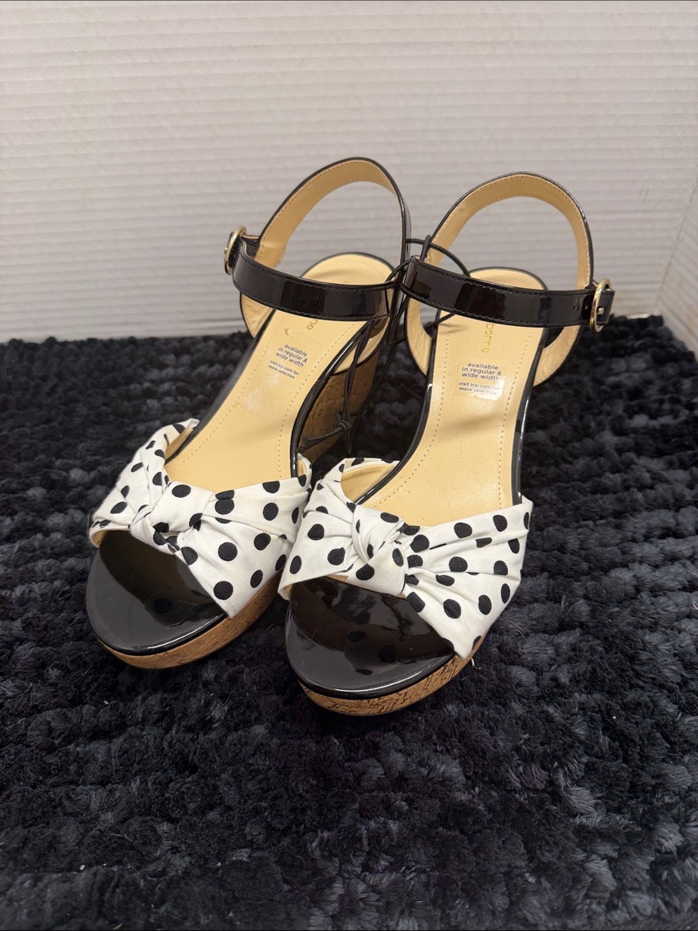 LIZ CLAIBORNE Polka Dot Bow Cork Platform Sandals - Black & White